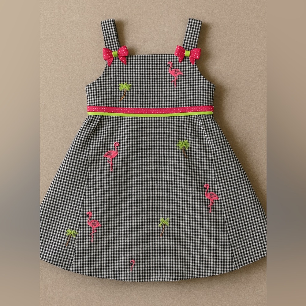 Bonnie Jean Gingham Flamingo Dress Toddler 3T Embroidered Palm Trees & Bows